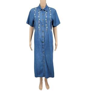 Serengeti Y2K Floral Embroidered Denim Blue Jean Shirt Maxi Dress